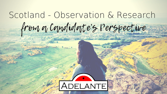 Person overlooking green hills with blog title about Scotland research.