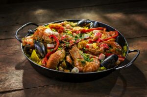 Seafood paella with shrimp and mussels