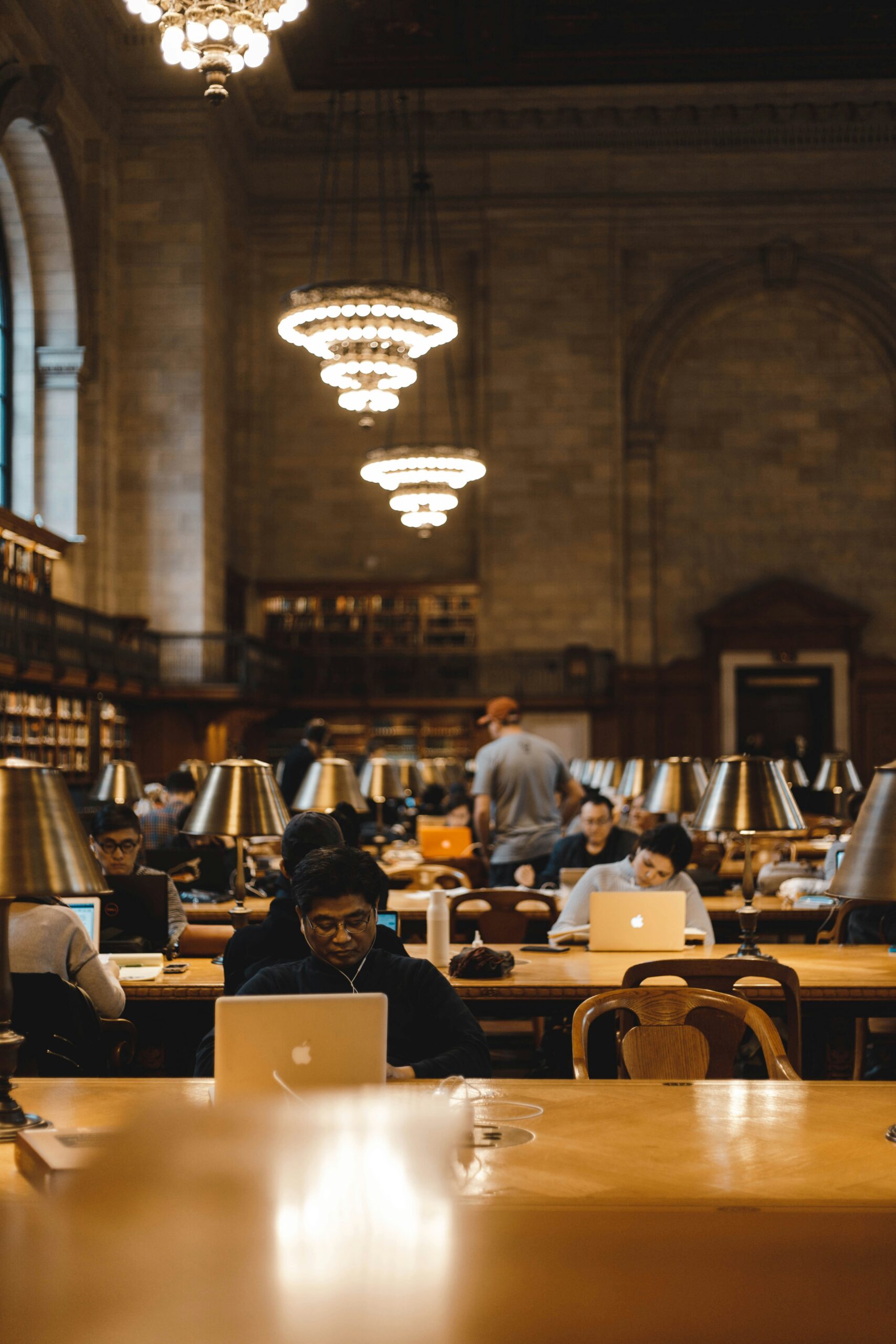 Students working on laptops at long wooden tables in a historic library, representing law students preparing for international internships