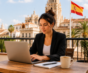 Young professional typing on a laptop at a terrace workspace