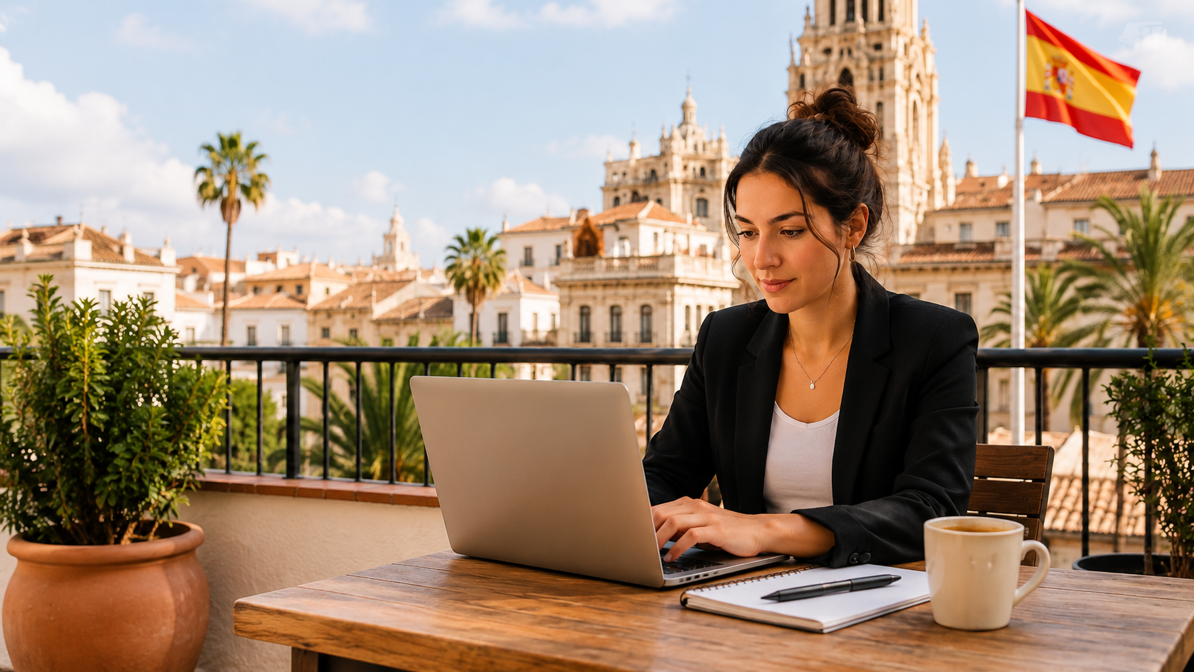 Young professional typing on a laptop at a terrace workspace