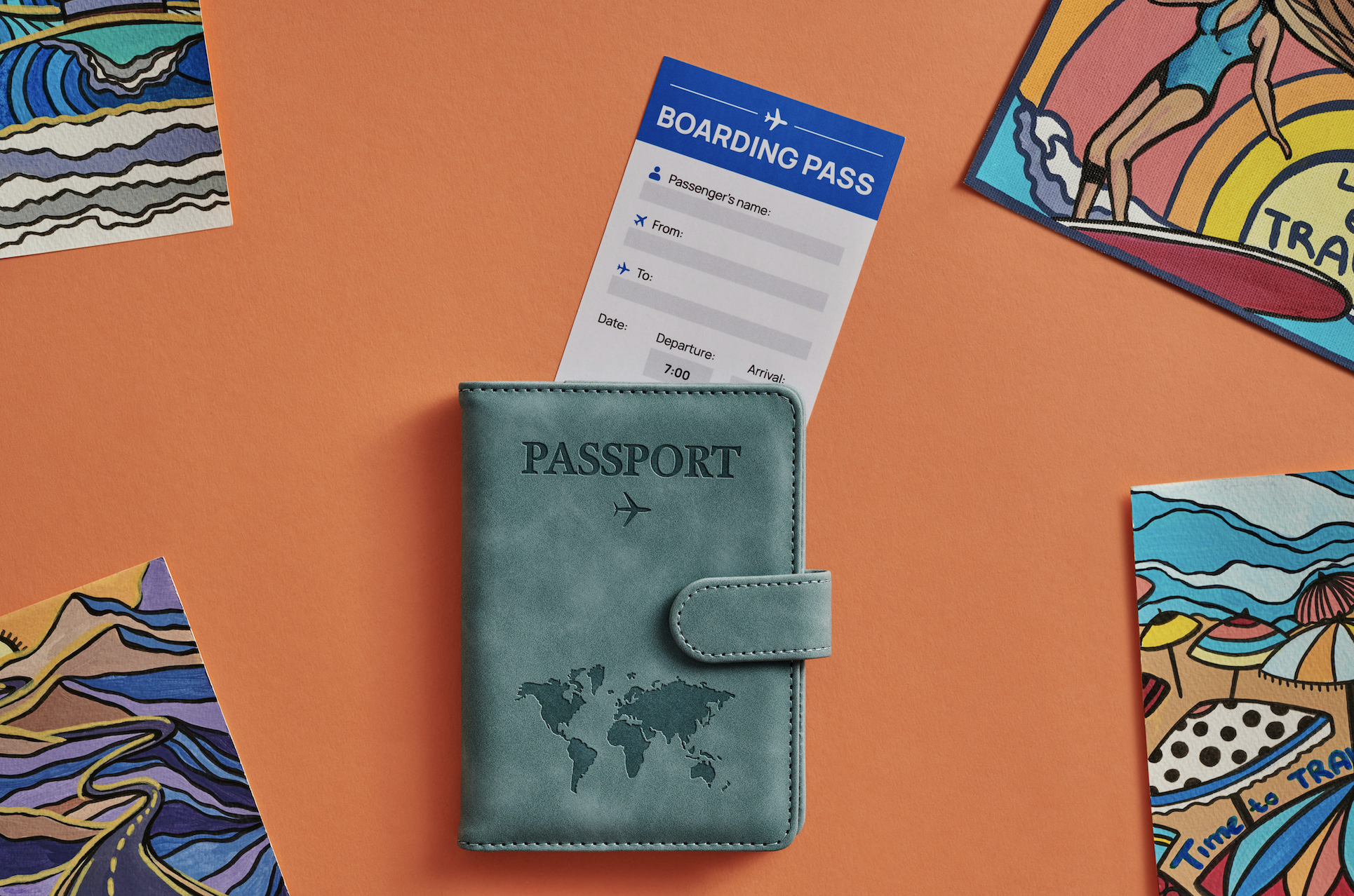 Flat lay of a passport wallet and boarding pass, surrounded by travel-themed art, for international scholarship applications.