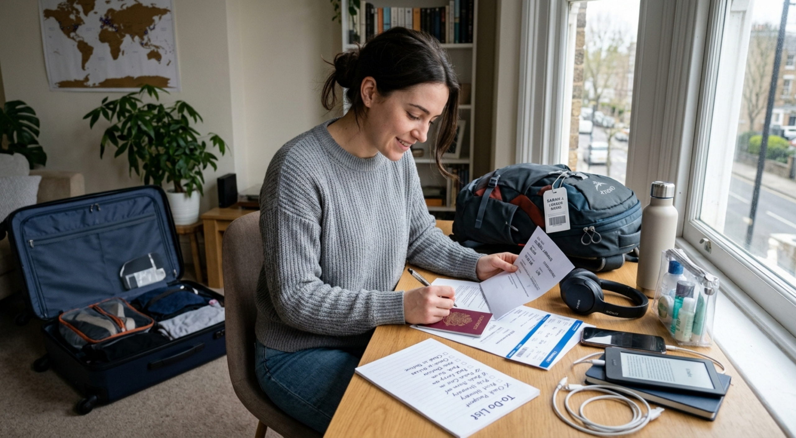 A person sitting at a desk and checking a travel to-do list and documentation before an upcoming trip