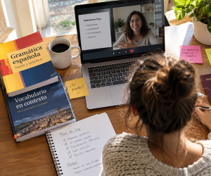 Student attending a video lesson on a laptop surrounded by Spanish grammar textbooks, study notes, and a U.S. passport